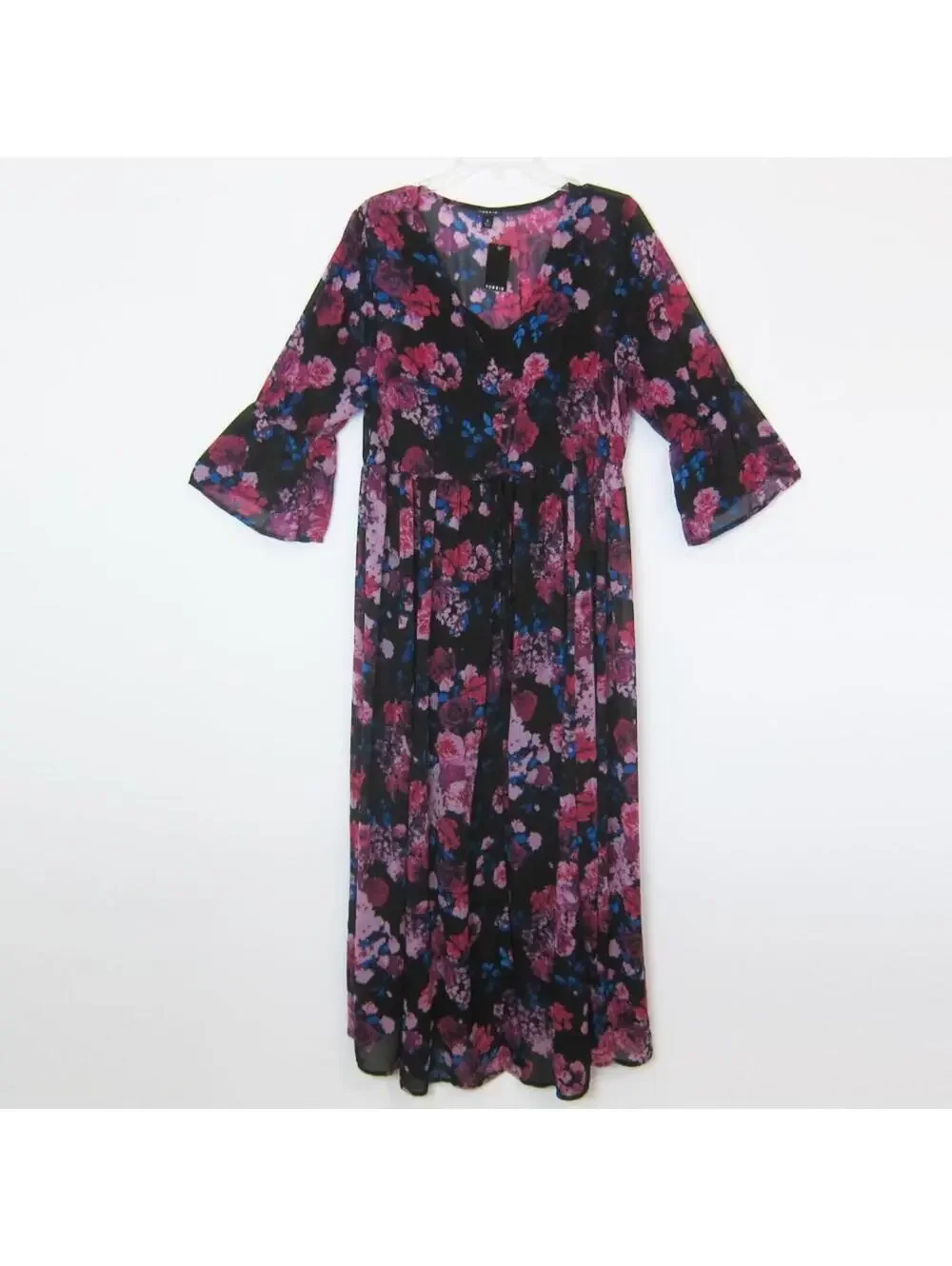 Torrid Maxi Dress 0 Large 12 Pink Purple Blue Floral Chiffon & Black Slip NEW - Picture 5 of 15